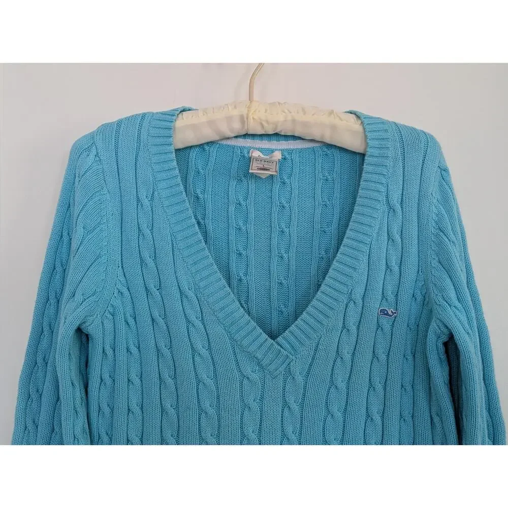 Old Navy Women's L Turquoise Blue Cable Knit V-neck Sweater Whale Logo Preppy
